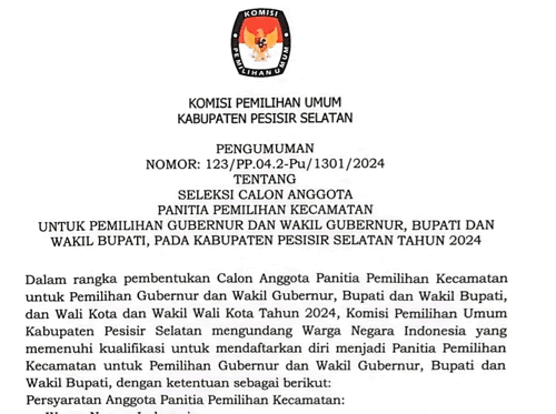 KPU Pessel Rekrut 75 Orang Calon PPK untuk Pilkada 2024, Ayo Daftar&nbsp;Segera!